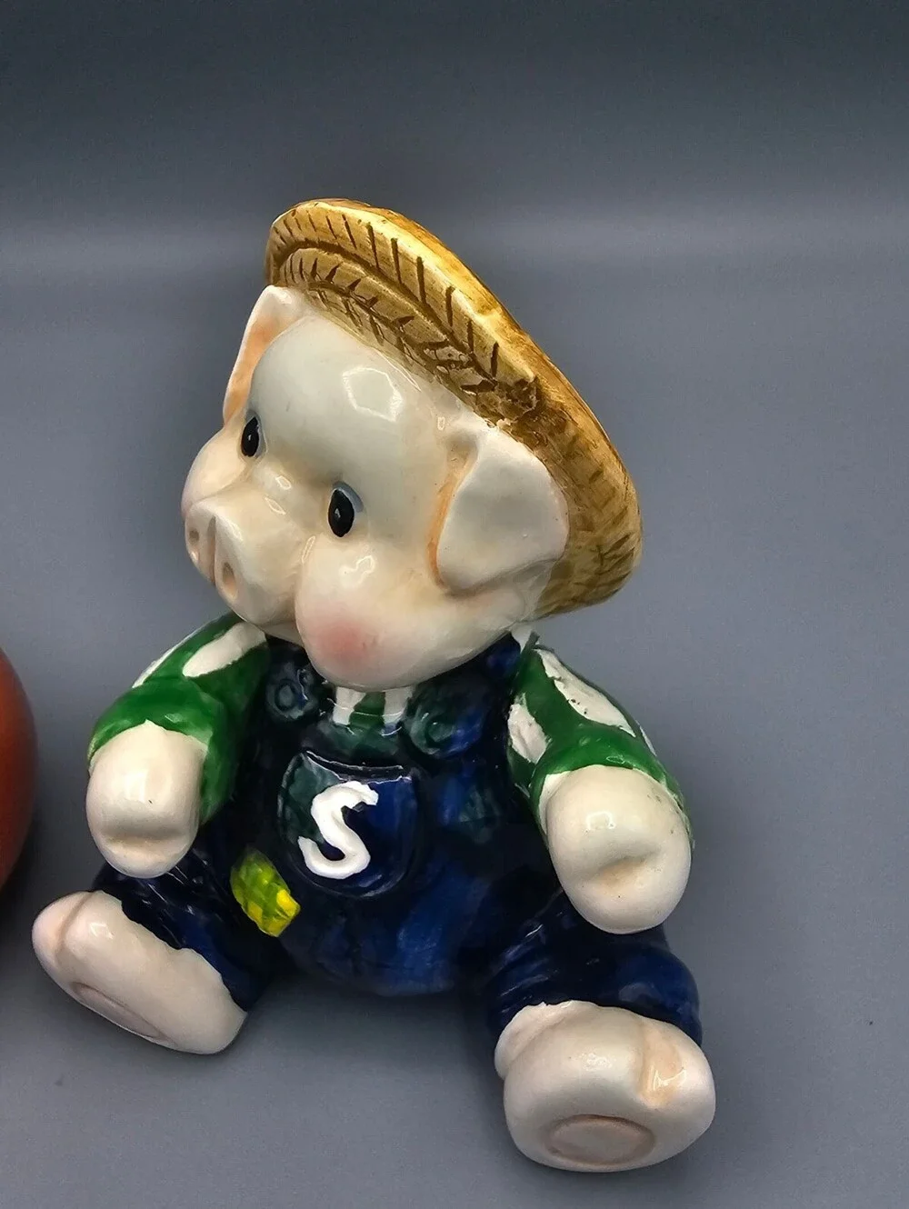 Vintage Ceramic Pig Farmer and Tomato Salt and Pepper Shakers